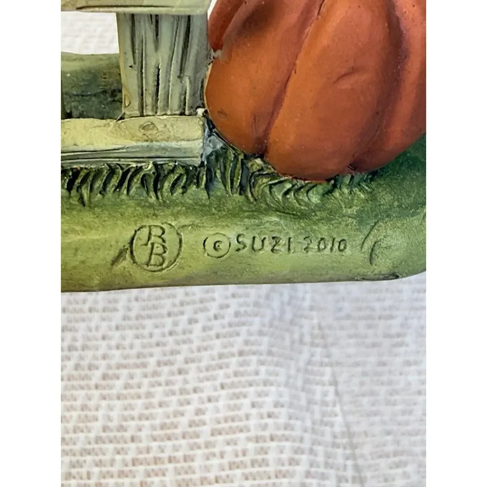 Blossom Bucket Suzi Resin Fall Pumpkin Fence Flower Bird Figurine 116-84563 Rare